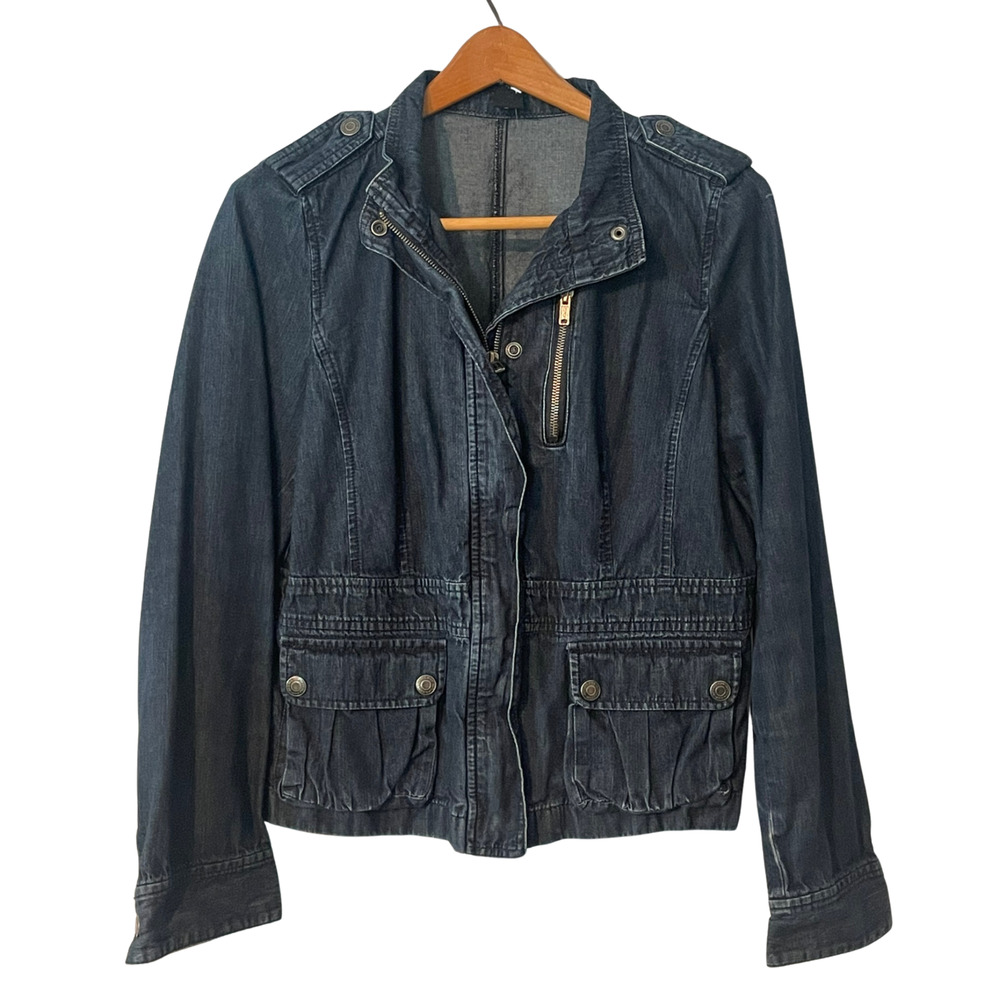 Ann Taylor Sz 10 Denim Jean Jacket Mid Length Elastic Waist Back Peplum Dk Blue